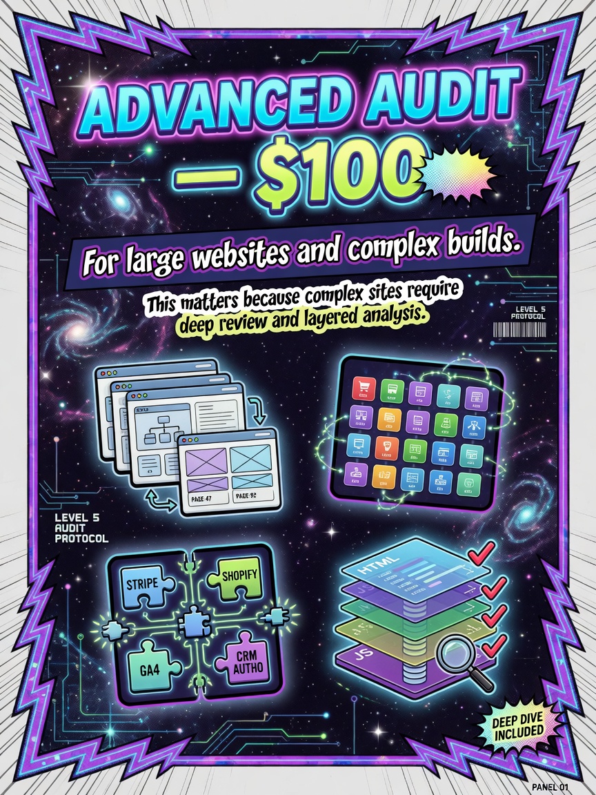 Advanced Audit product card, two hundred to three hundred fifty dollars, for large websites and complex builds
