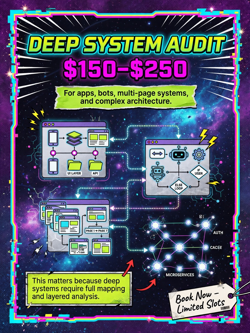 Deep System Audit product card, three hundred fifty to six hundred dollars, for apps, bots, and complex architecture