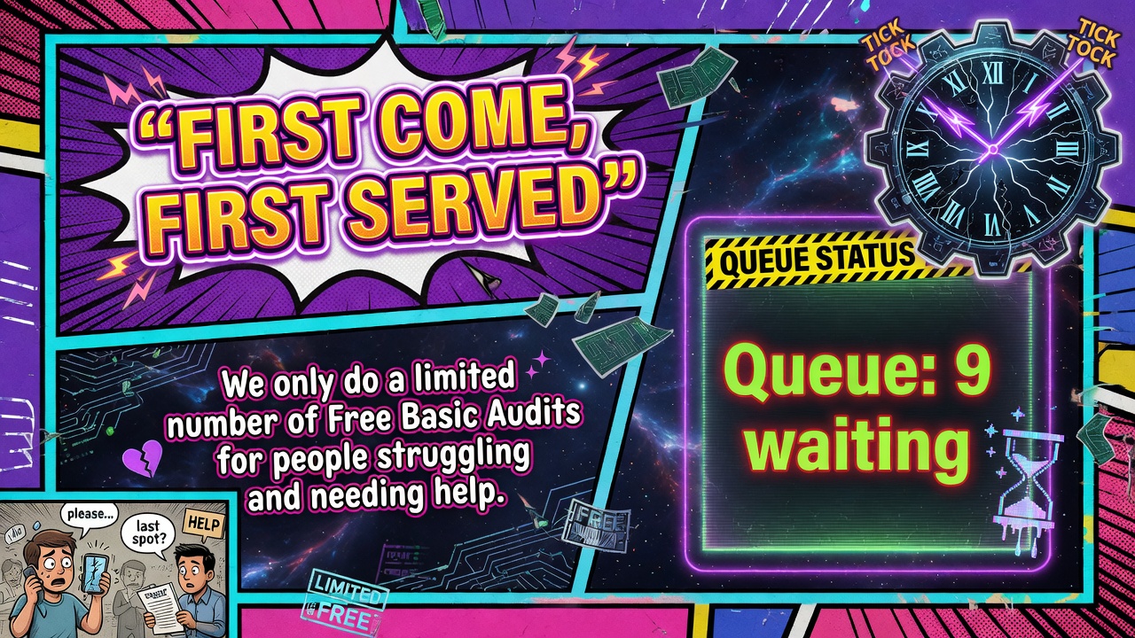 Comic panel explaining the free basic audit is first come, first served with a limited queue