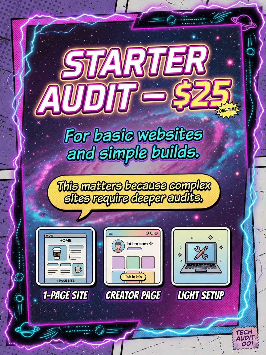 Starter Audit product card, fifty to seventy five dollars, for basic websites and simple builds