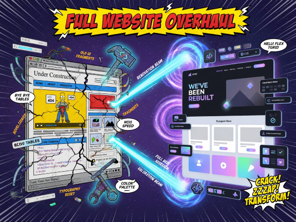Comic panel illustrating a full website overhaul and renovation